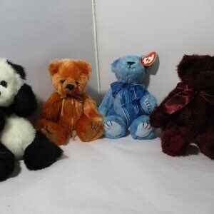 Bundle of 4 Ty Beanie Furry Teddy Panda Bears Checkers Azure Clay Beargundy